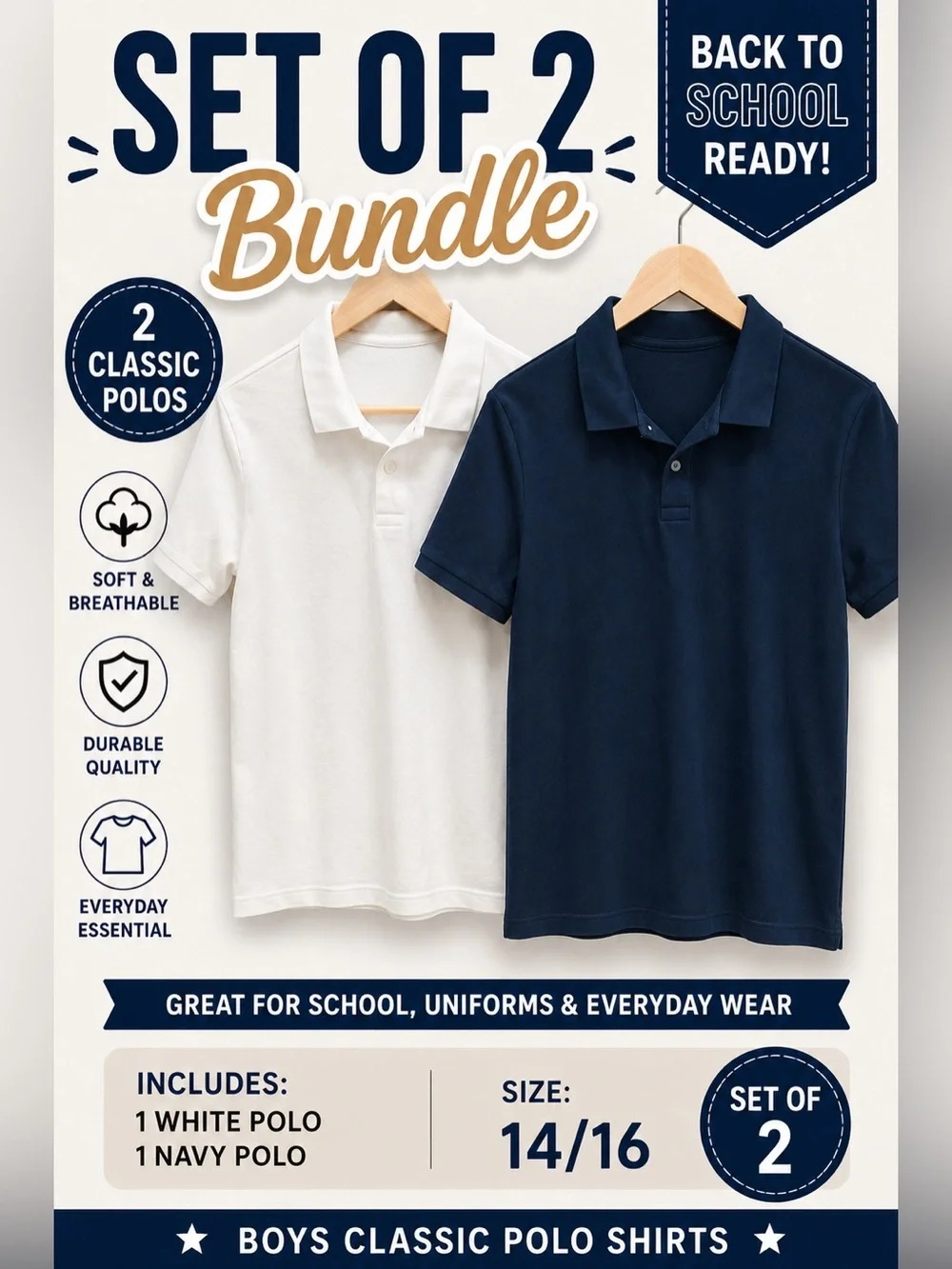 Boys Classic Polo Shirts-Back to School Collared Uniform Shirts-Size 14/16